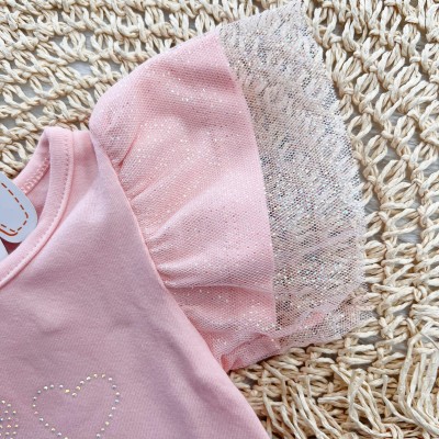 Conj. Blusa Corações com Manga em Tule e Short - Rose 
